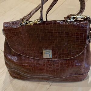 Furla  Croc Embossed leather Shoulder Bag  Chestnut Brown